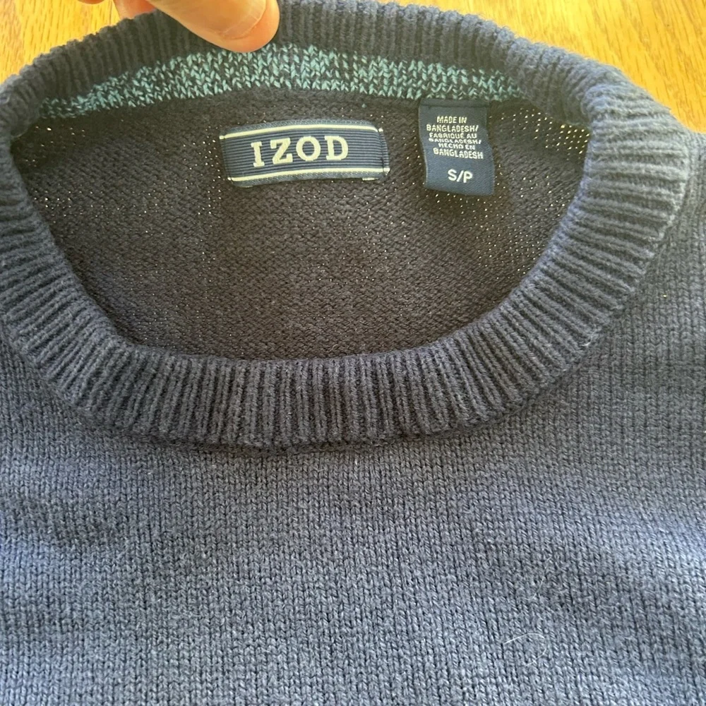 IZOD Mens‎ Sweater Small Navy Blue White Marled Striped Crew Neck Knit Pullover